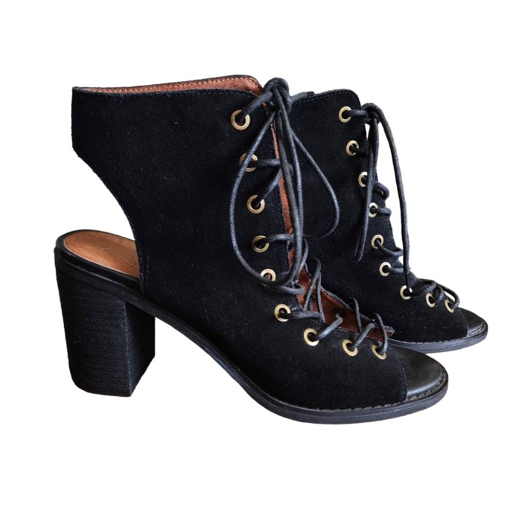 Free People Black Suede Lace-Up Open-Toe Block Heel Booties